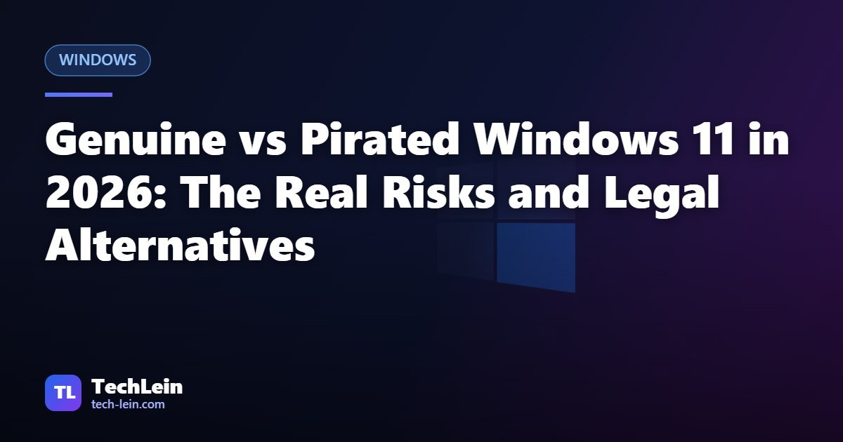 Featured image for TechLein article: Genuine vs Pirated Windows 11 in 2026: The Real Risks and Legal Alternatives