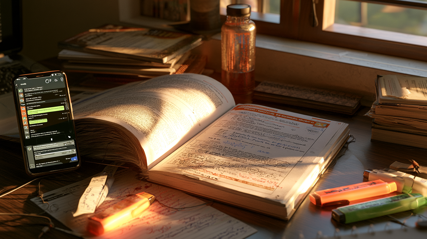 Student using ChatGPT on phone next to NCERT textbooks for exam preparation