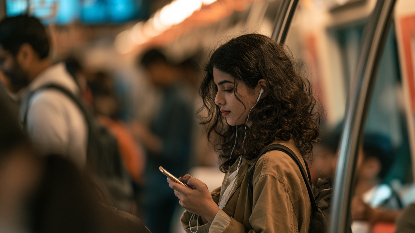 Indian user talking to AI voice assistant on smartphone during metro commute