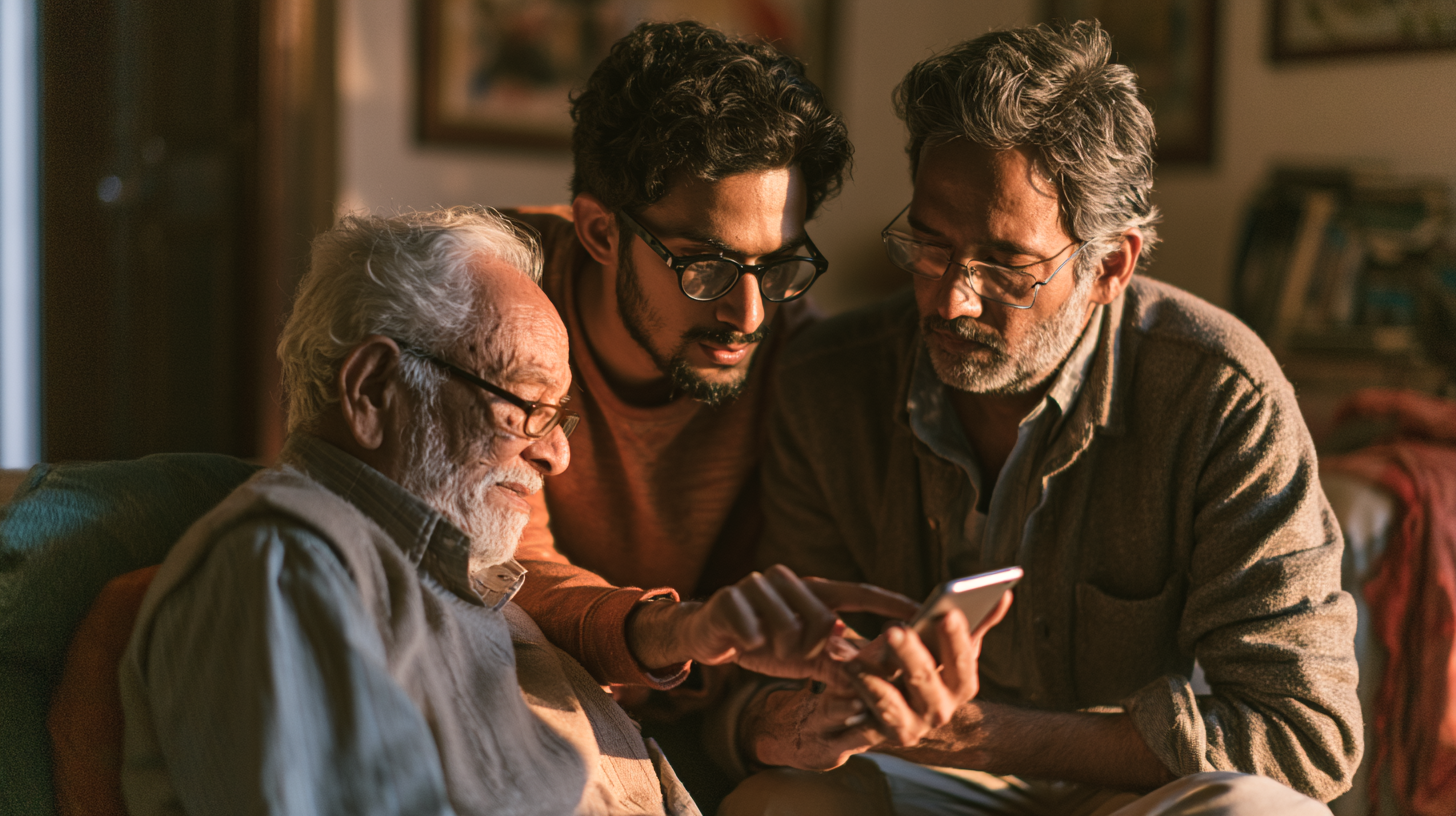 Indian family member helping elderly parent check smartphone for online scams safely